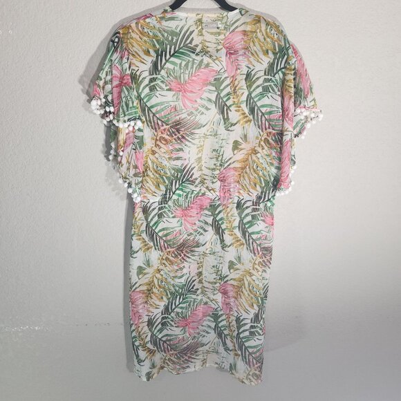 Nine West Sheer Kimono Cardigan Tropical Print Pom-Pom Cover-Up Drawstring O/S - Picture 3 of 11